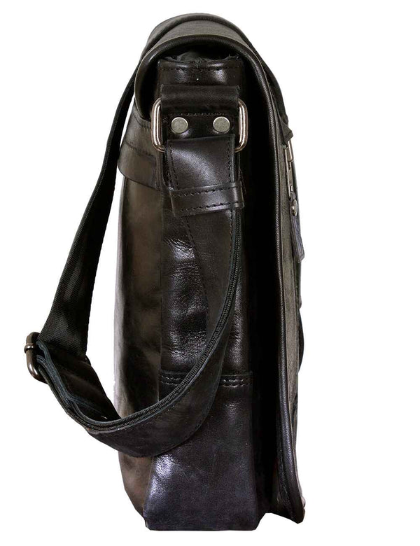 Men's black leather bag, side view.