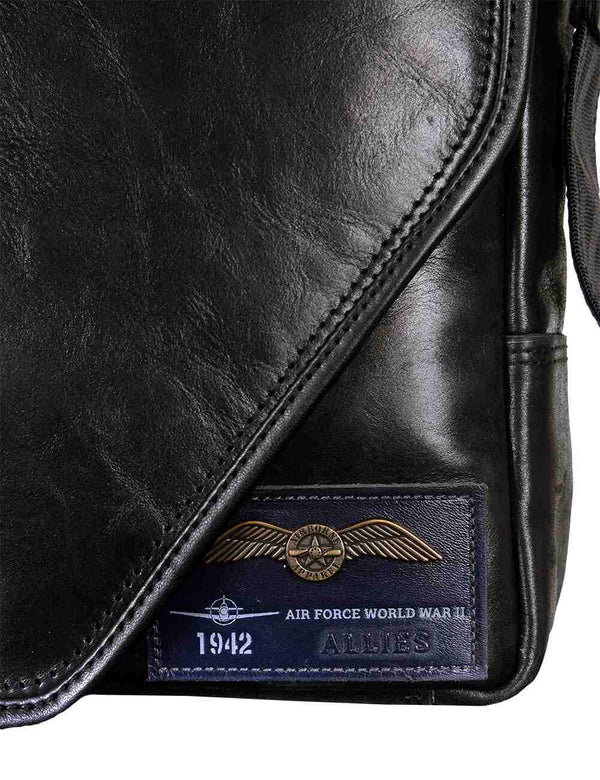 Patch on a black leather men's bag.