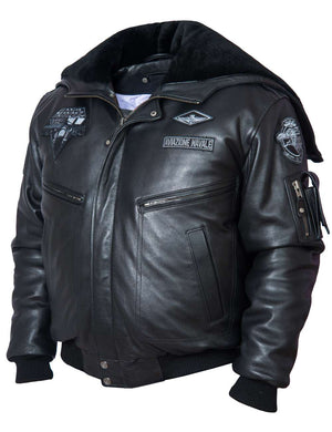 Black men's leather jacket with collar-hood.