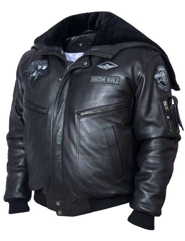 Black men's leather jacket with collar-hood.