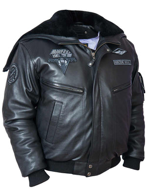 Black men's leather jacket with collar-hood.