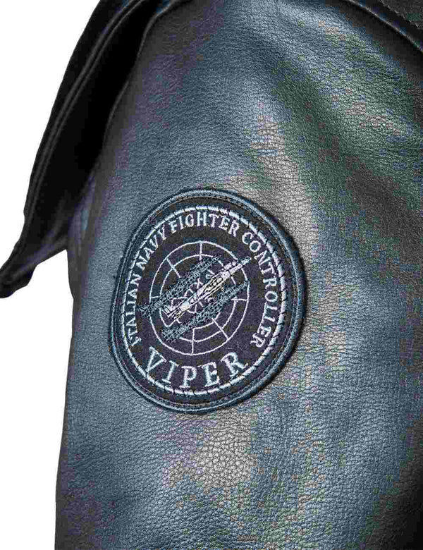 A round patch on the right sleeve of a black men's leather jacket.