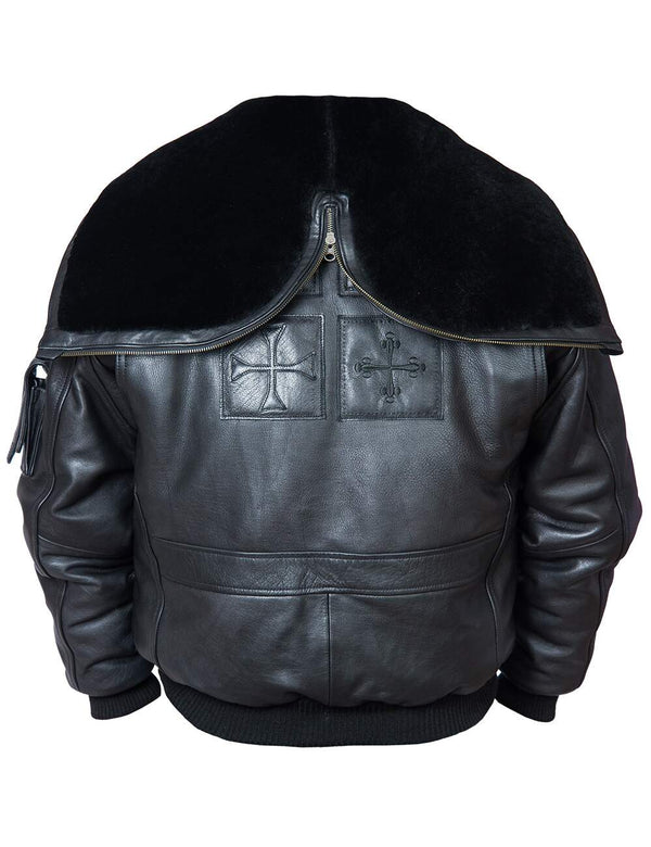 Black men's leather short jacket with a hooded collar and embossed detail on the back.