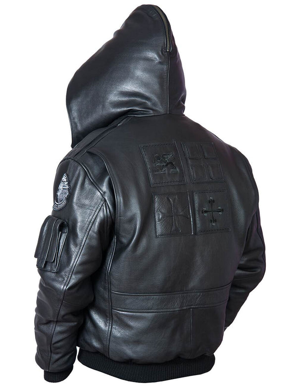 Black men's leather short jacket with a hood, embossed on the back and a patch on the sleeve.