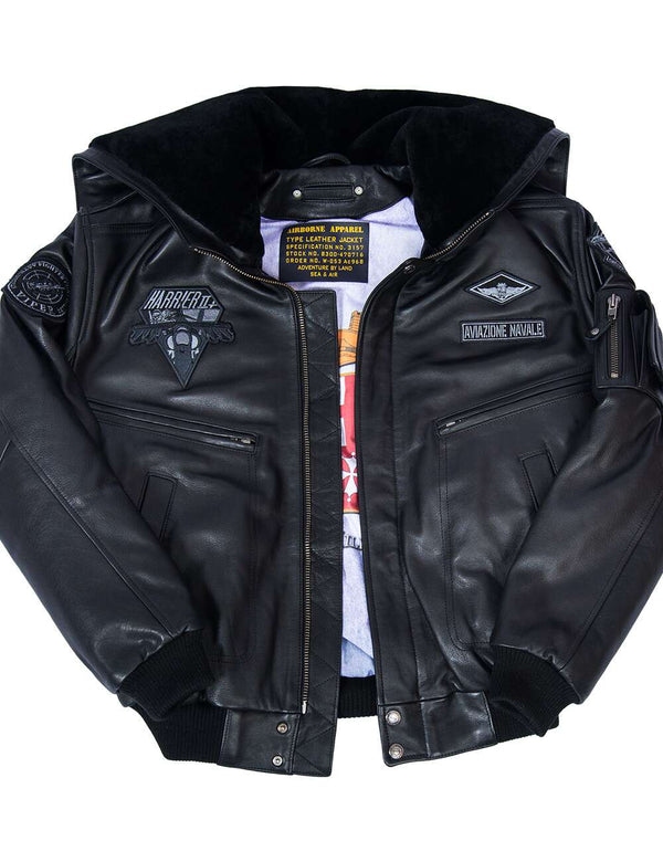 Black men's leather jacket with an elastic waistband and a hood, unbuttoned.