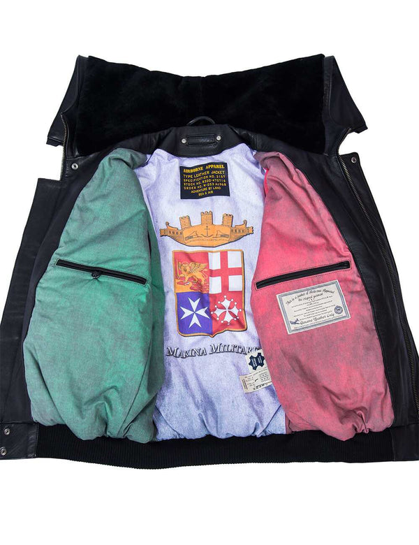 Black men's leather jacket with a hood, unbuttoned, showing the lining in the colors of the Italian flag.