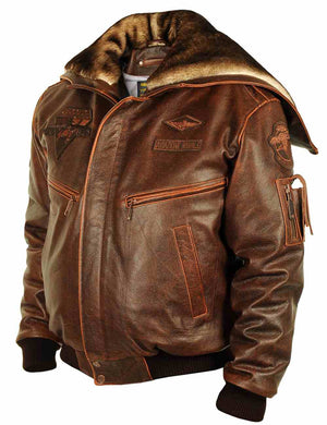 Brown men's leather jacket with collar-hood.