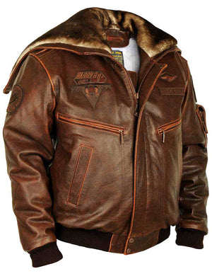 Brown men's leather jacket with  collar-hood.