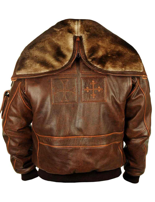 Brown men's leather short jacket with a fur hood, embossed on the back.