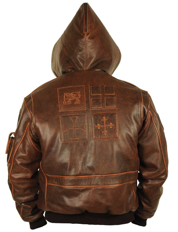 Brown men's leather short jacket with a hood, embossed on the back.