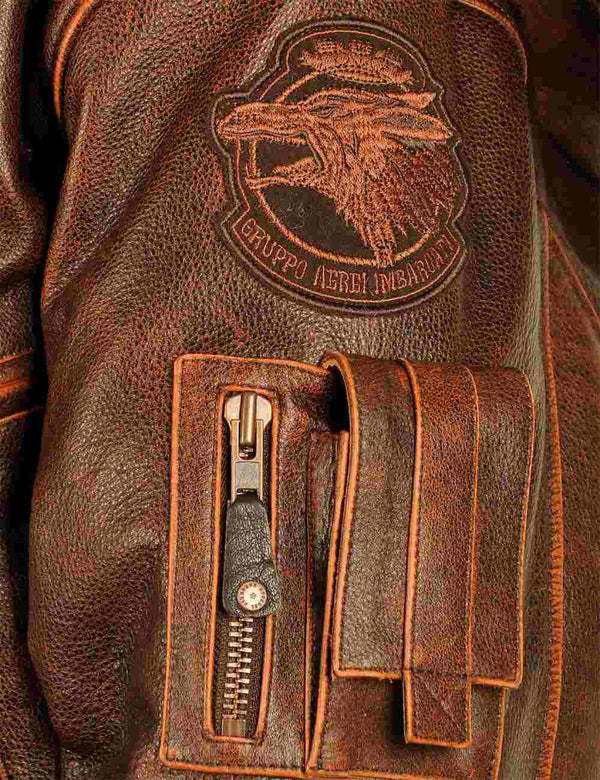 Utility pocket and a patch on the sleeve of a brown men's leather jacket.