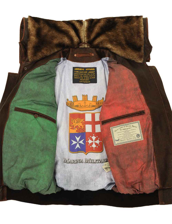 Brown men's leather jacket with a hood, unbuttoned, showing the lining in the colors of the Italian flag.