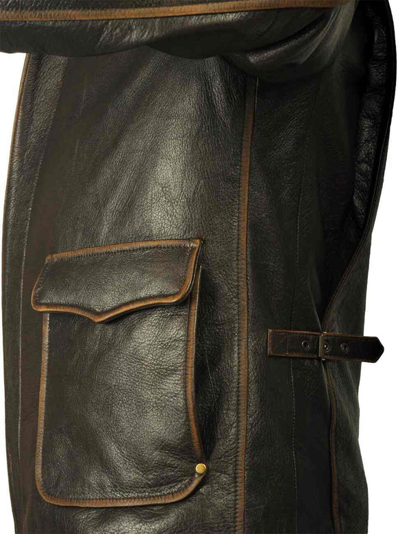 A flap pocket and side closure on the men's brown leather jacket with lighter seams.
