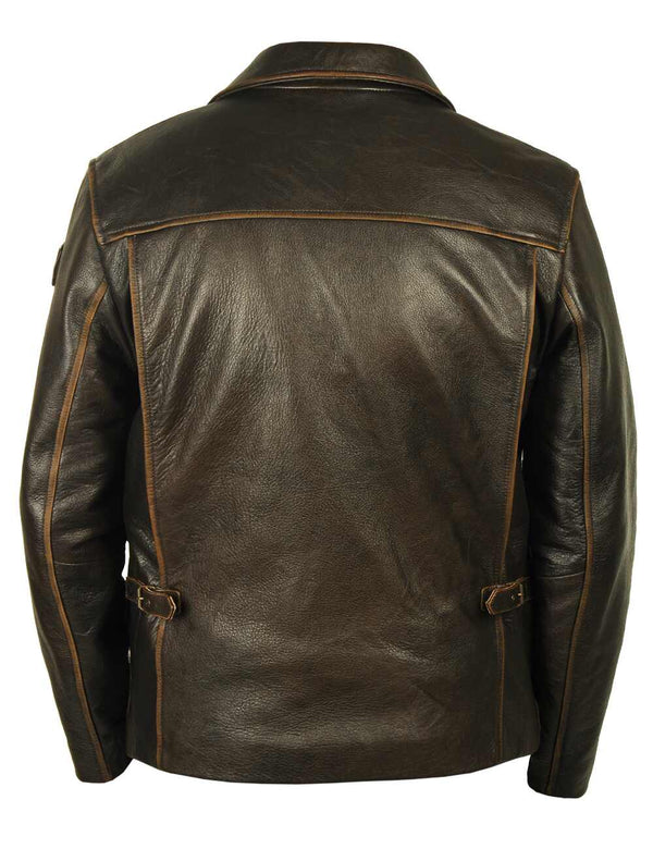 Men's brown leather jacket with lighter seams, back view.
