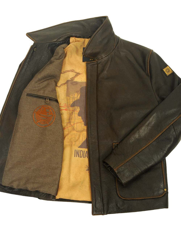 Men's brown leather jacket unbuttoned, revealing orange lining with a pattern and an inside pocket.