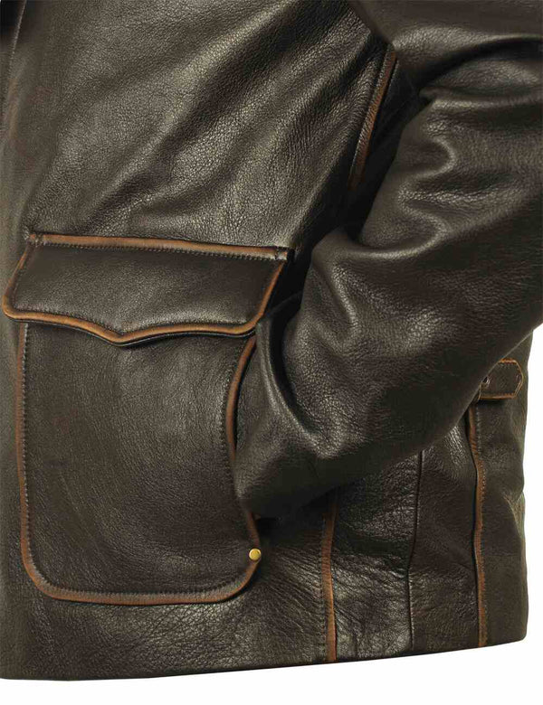 The bottom of a men's brown leather jacket with the sleeve in the pocket.