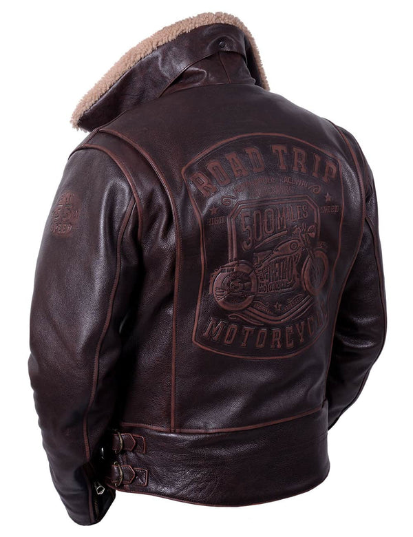 Men's brown leather jacket with embossed back, back view.