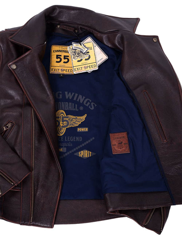 Men's brown leather biker jacket unbuttoned, revealing a dark blue lining and an inside pocket.