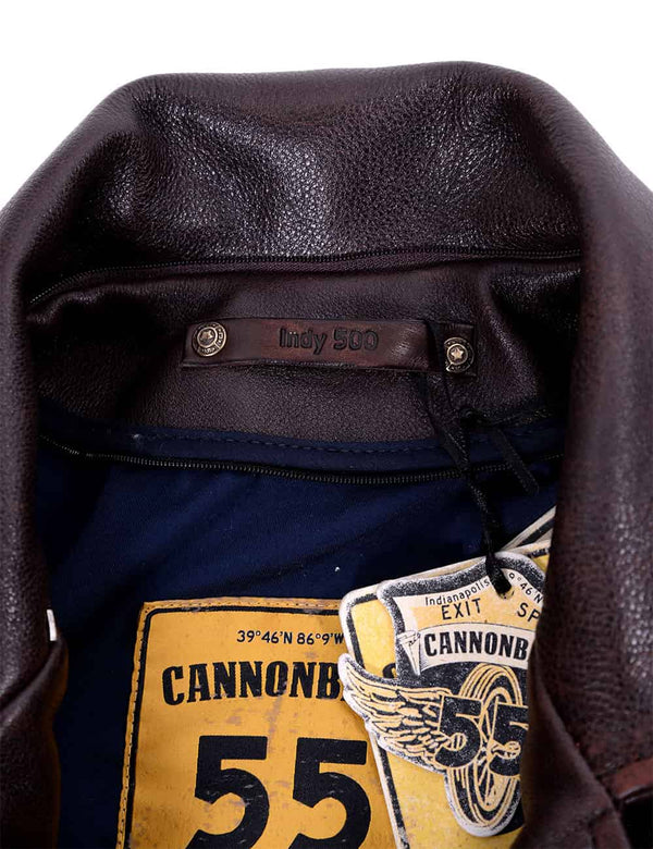 Hanger loop on a men's brown leather jacket.
