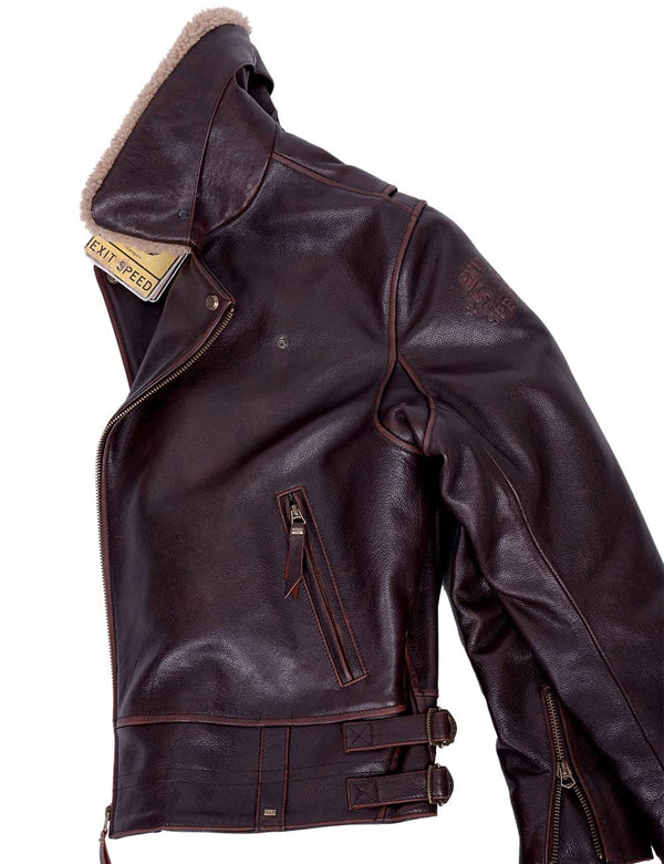 Left side of a men's brown leather jacket with fur collar.