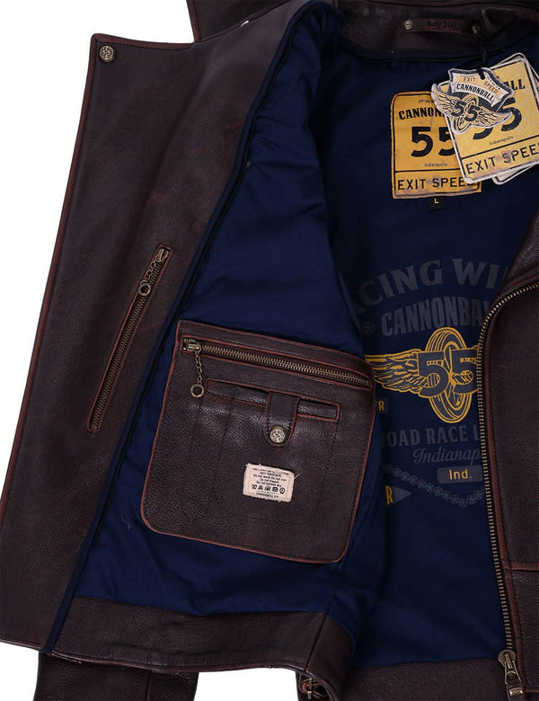 Men's brown leather biker jacket unbuttoned, revealing dark blue lining and inner pockets.