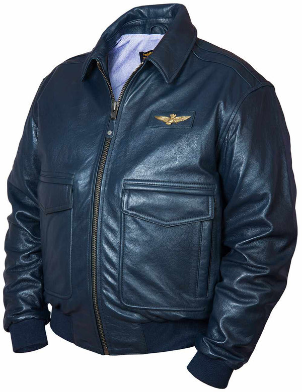 Dark blue men's leather jacket.