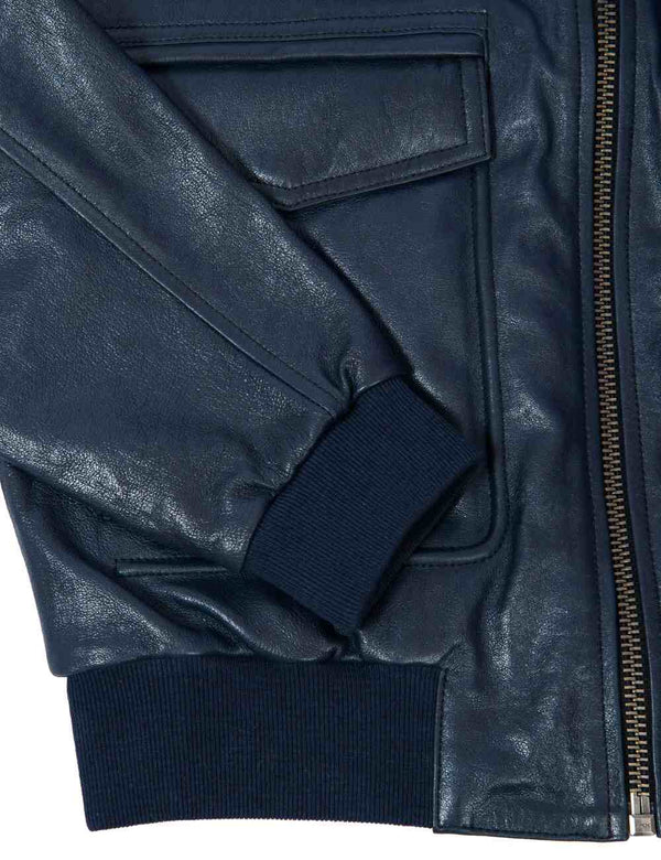 The lower pocket and part of the sleeve of a men's dark blue leather jacket with an elastic waistband.