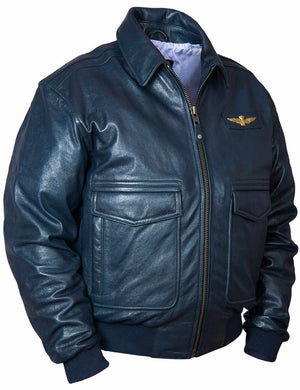 Dark blue men's leather jacket.