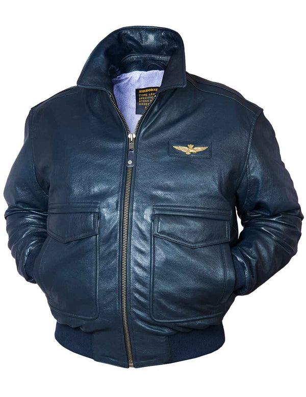 Dark blue men's leather jacket.