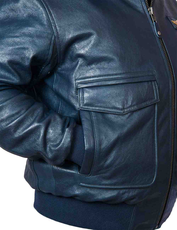 Lower pocket and right sleeve of a dark blue men's leather jacket with elastic waistband.