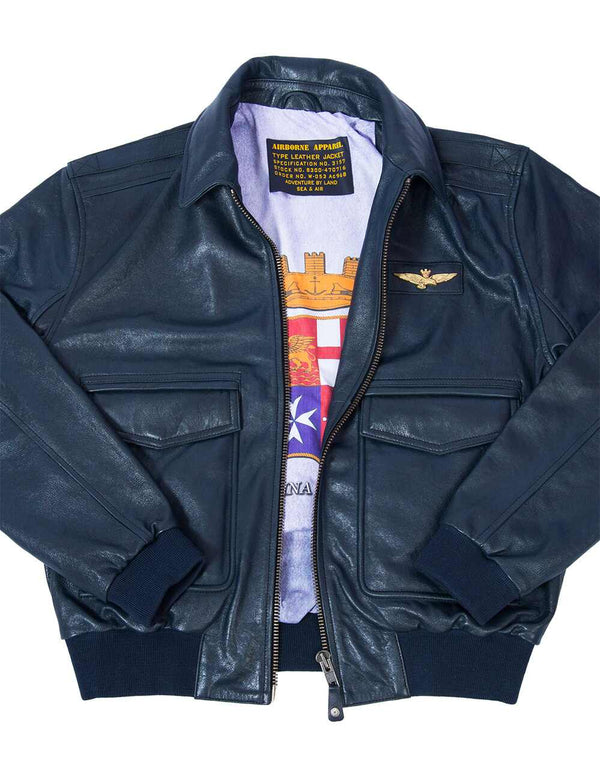 Men's dark blue leather jacket unbuttoned, lining visible.