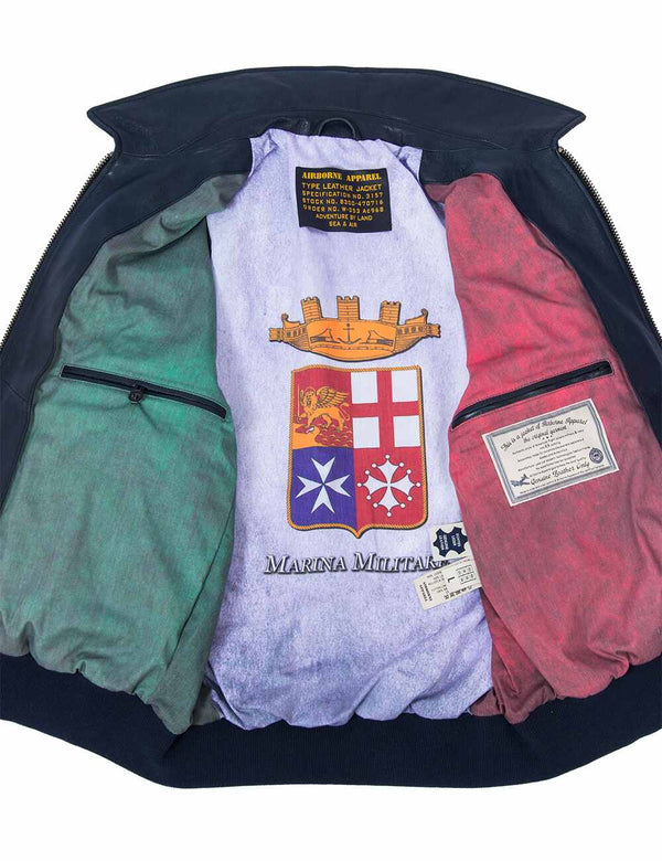 Men's dark blue leather jacket unbuttoned, revealing the lining in the colors of the Italian flag.