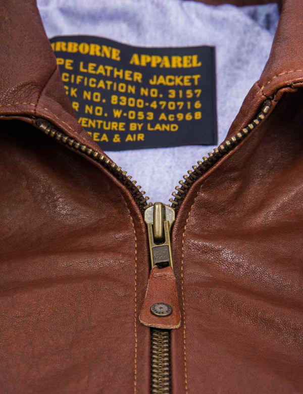 Metal zipper on men's brown leather jacket.