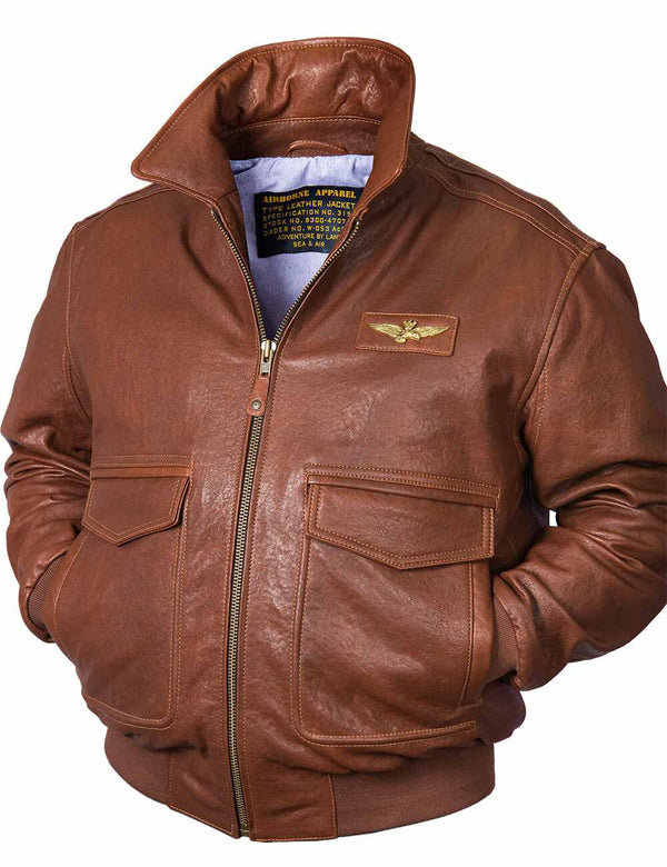 Men's brown leather jacket with raised collar.