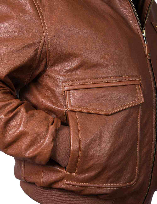 A pocket and a right sleeve of the men's brown leather jacket.