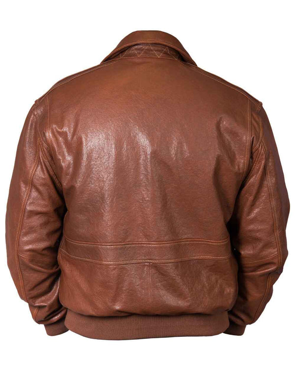 Men's brown leather jacket with elastic waistband, back view.