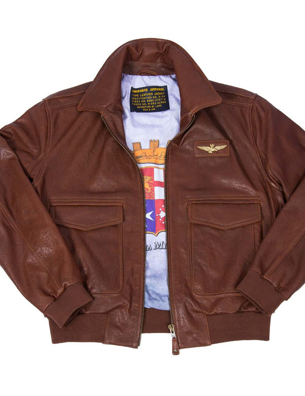 Men's brown leather jacket unbuttoned, revealing bright lining.