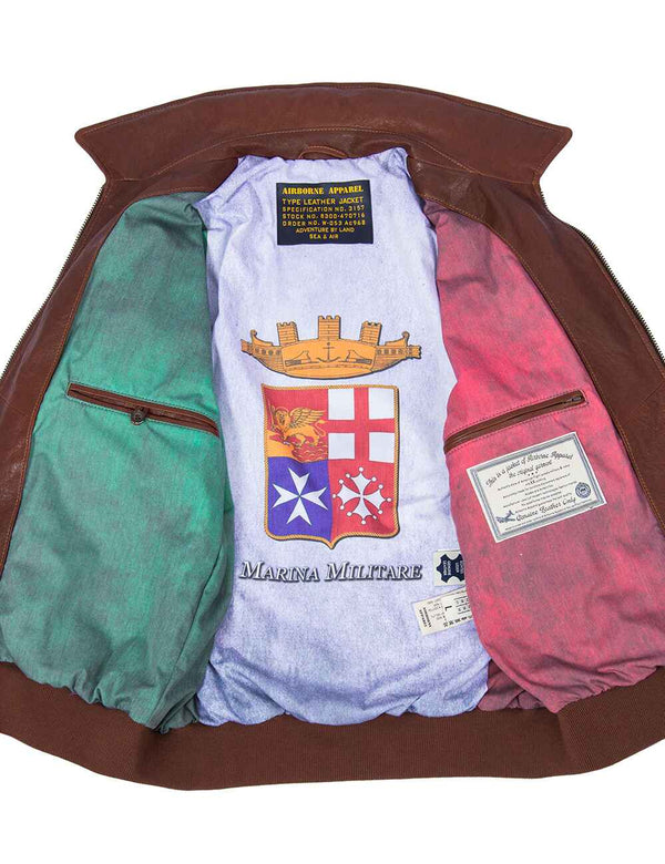 Men's brown leather jacket unbuttoned, showing the lining in the colors of the Italian flag.