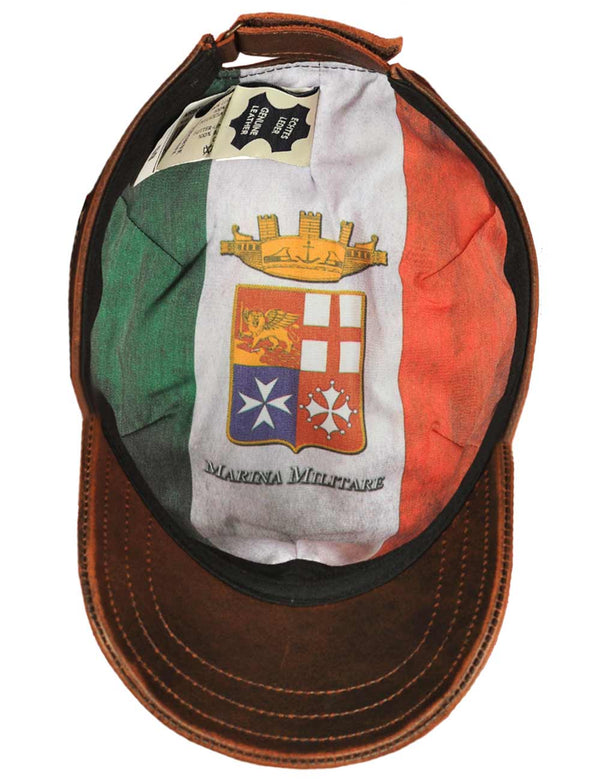 The inside of a brown leather men's cap with a bright lining.
