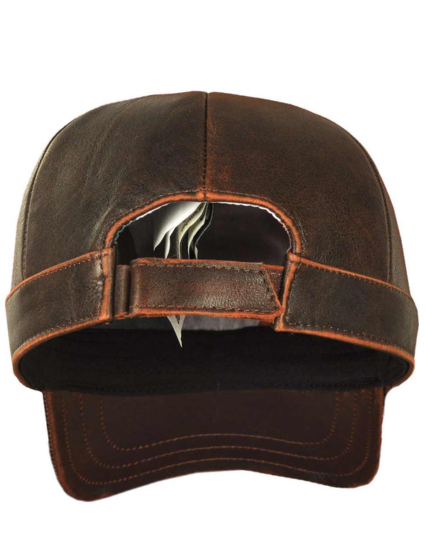 Brown leather men's cap, back view.