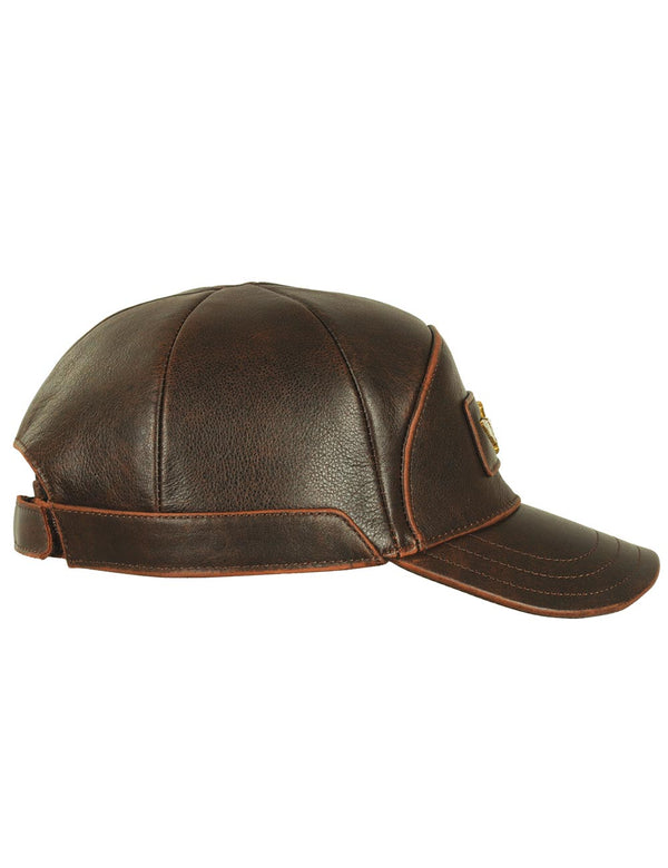 Side view of brown leather men's cap with gold metal emblem on forehead.