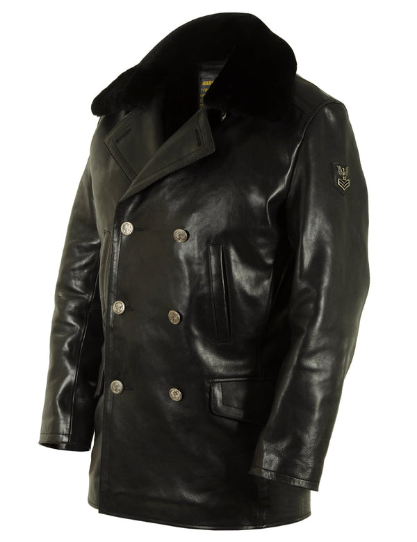 Men's black leather pea coat.