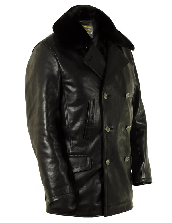 Men's black leather pea coat.