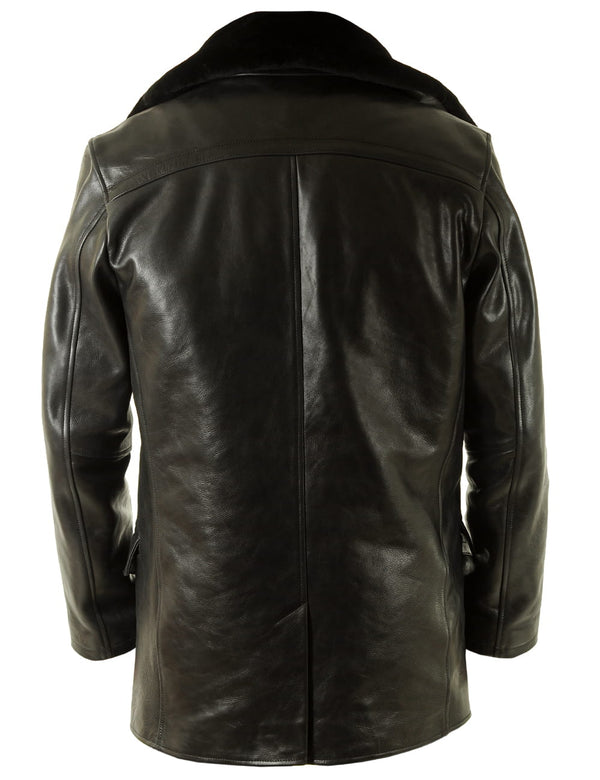 Men's black leather pea coat with fur collar, back view.