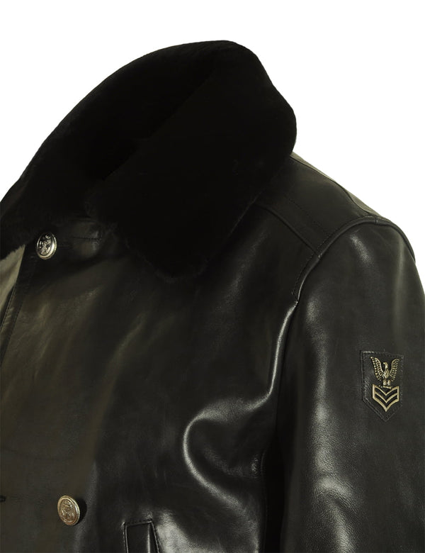 The top part of a men's black leather pea coat with a fur collar.