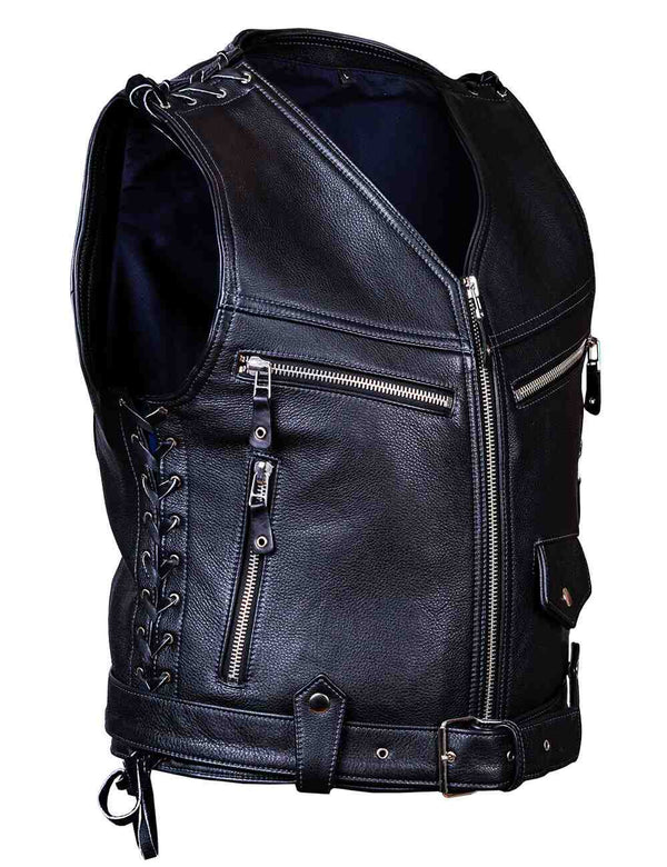 Men's black leather biker vest.