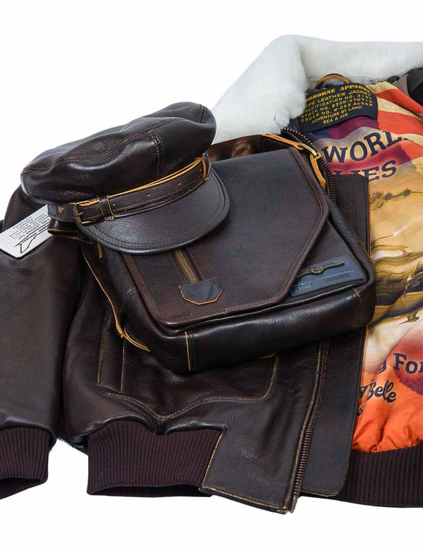 Men's brown leather cap, bag and jacket.