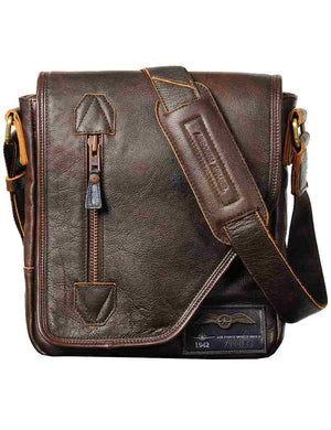 Men's brown leather bag with flap.