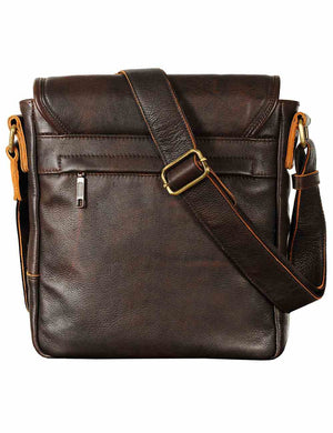 Men's brown leather bag, back view.