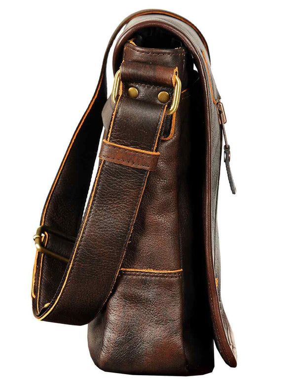 Brown men's leather bag, side view.